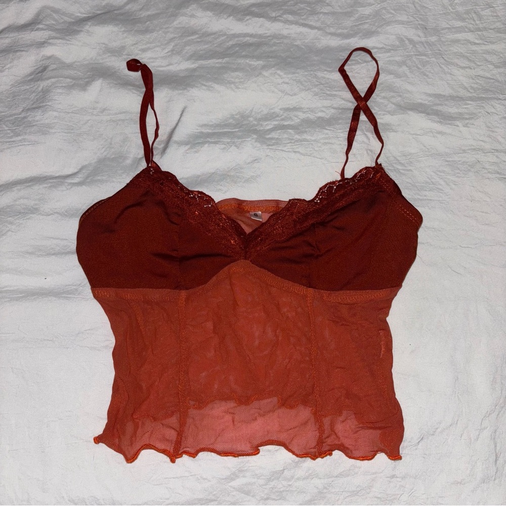 Red Lace Trim mesh crop top